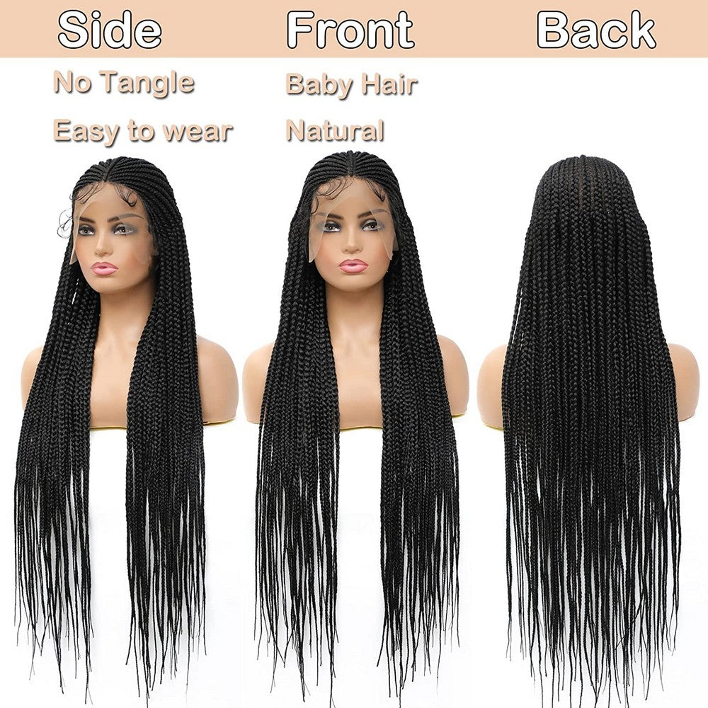 36" Braided Wigs for Black Women Full Lace Hand-Made Knotless Box Braids Straight Synthetic Wigs with Baby Hair (36 Inch, T1B)