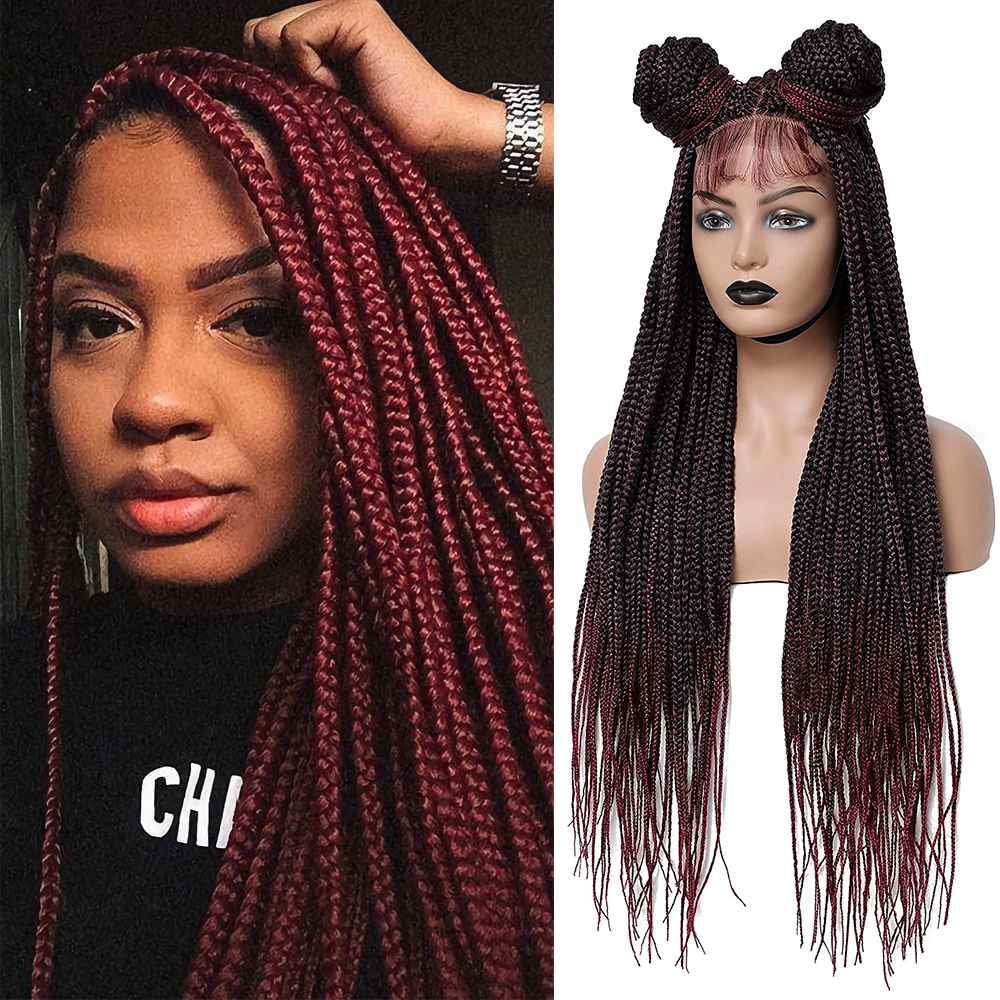 36" Braided Wigs for Black Women Full Lace Hand-Made Knotless Box Braids Straight Synthetic Wigs with Baby Hair (36 Inch, T1B/BUG)