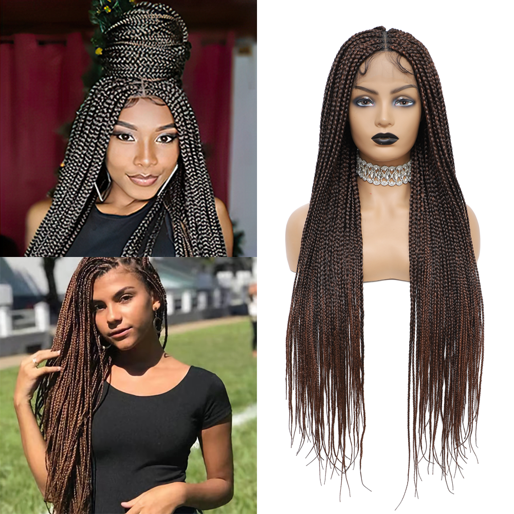 36" Braided Wigs for Black Women Full Lace Hand-Made Knotless Box Braids Straight Synthetic Wigs with Baby Hair (36 Inch, T1B/30)