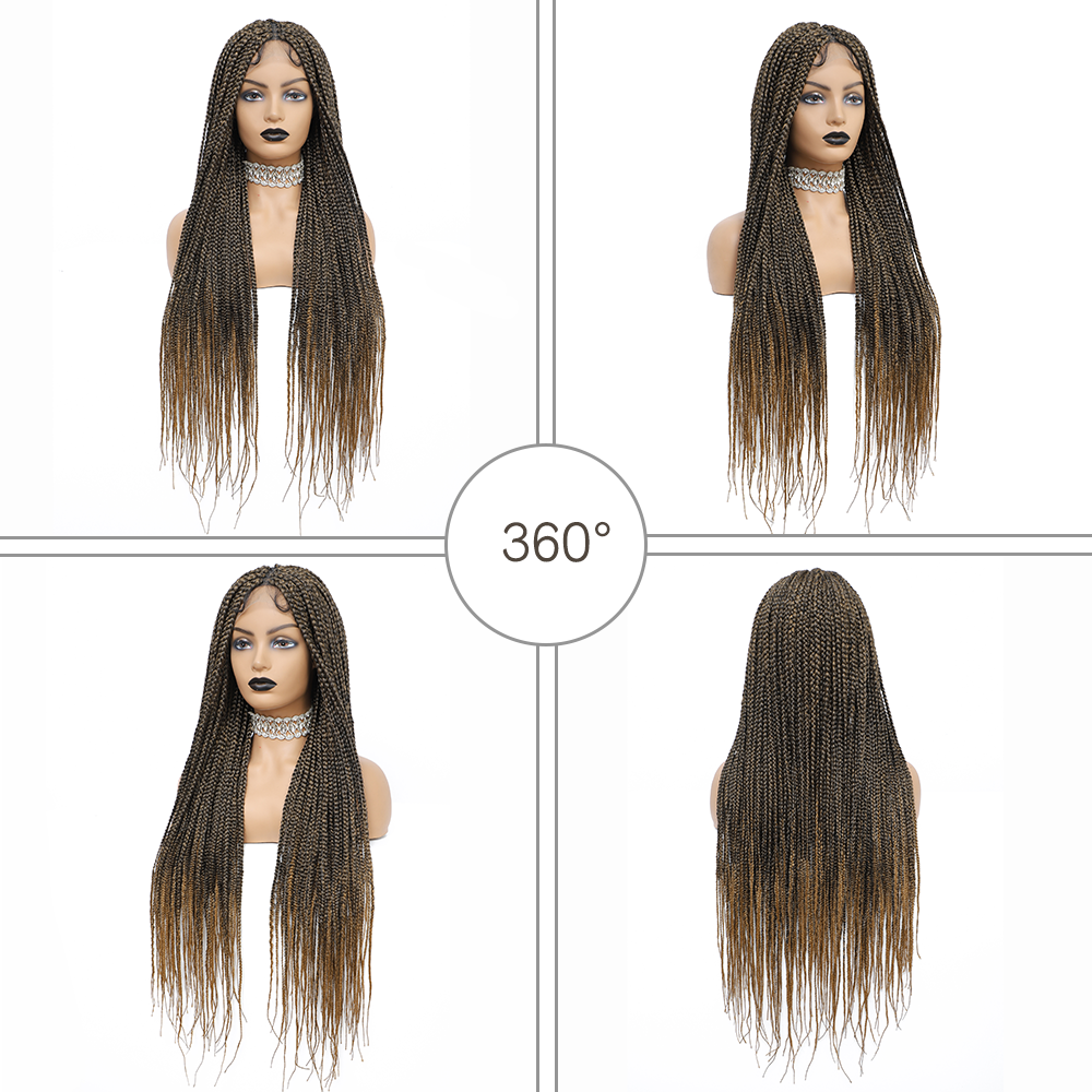 36" Braided Wigs for Black Women Full Lace Hand-Made Knotless Box Braids Straight Synthetic Wigs with Baby Hair (36 Inch, T1B/27).