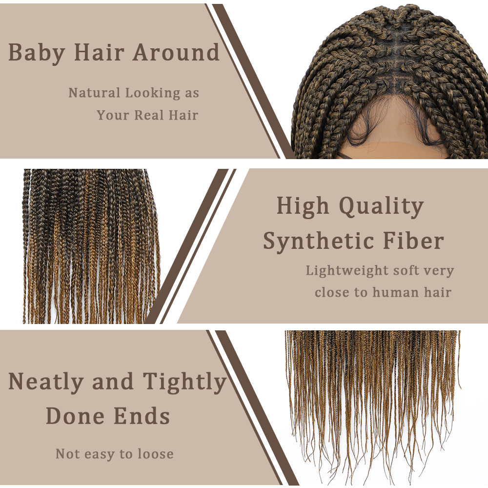 36" Braided Wigs for Black Women Full Lace Hand-Made Knotless Box Braids Straight Synthetic Wigs with Baby Hair (36 Inch, T1B/27)