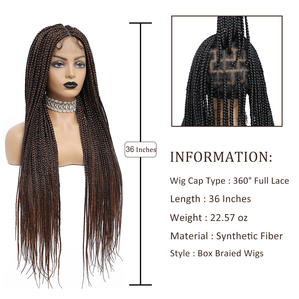 36" Braided Wigs for Black Women Full Lace Hand-Made Knotless Box Braids Straight Synthetic Wigs with Baby Hair (36 Inch, T1B/30)