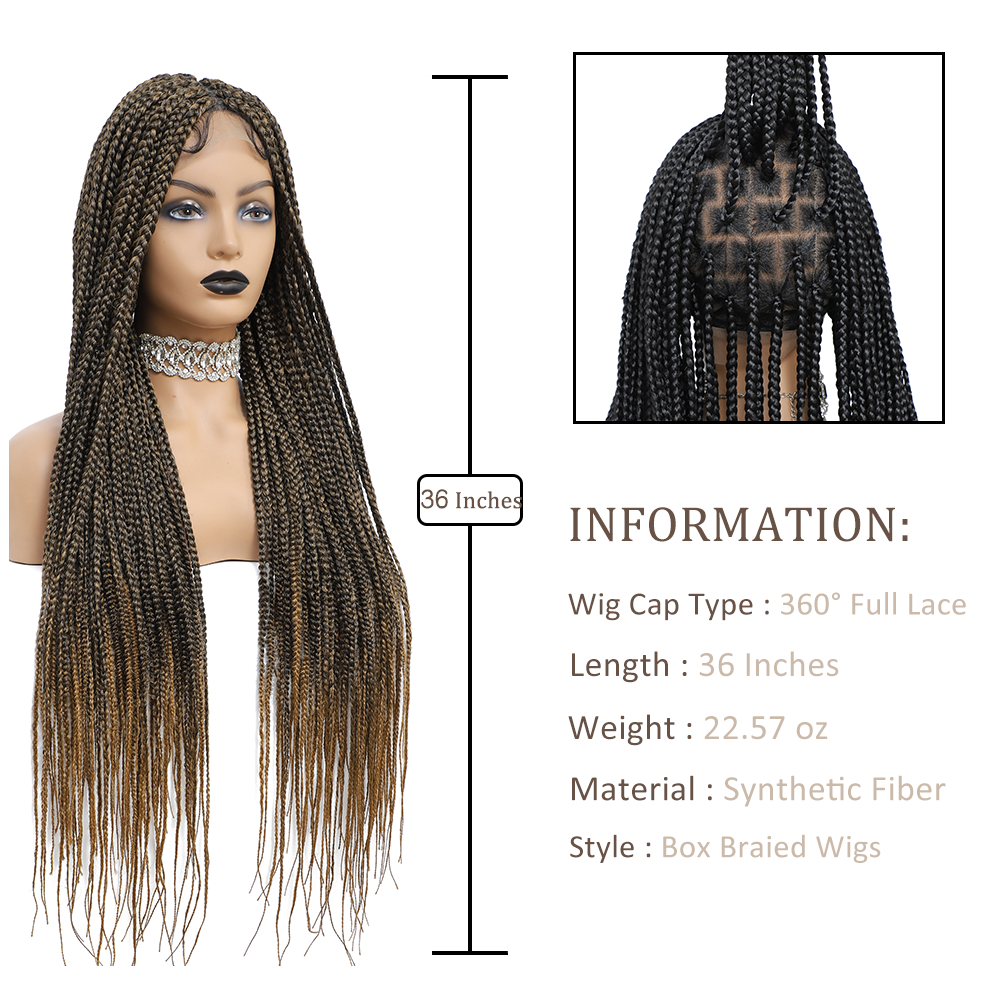 36" Braided Wigs for Black Women Full Lace Hand-Made Knotless Box Braids Straight Synthetic Wigs with Baby Hair (36 Inch, T1B/27)