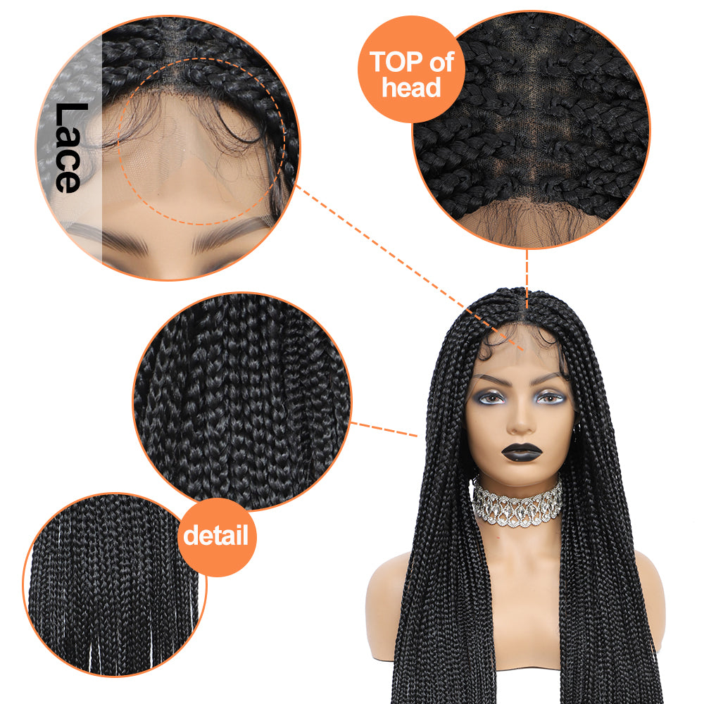 36" Braided Wigs Full Lace Hand-Made Knotless Box Braids Straight Synthetic Wigs with Baby Hair (36 Inch, 1B)