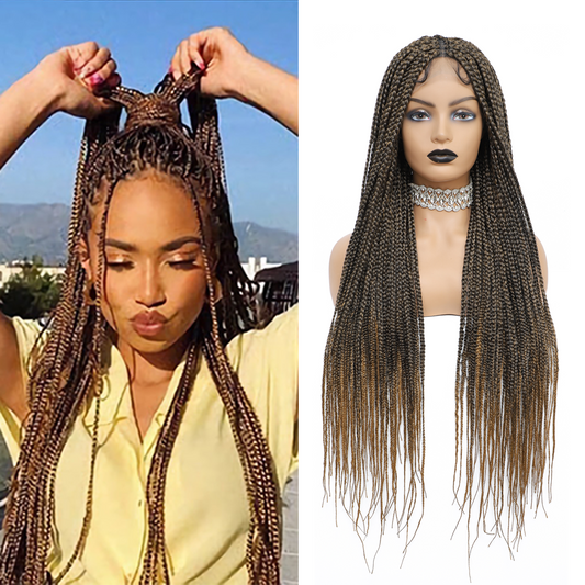 36" Braided Wigs for Black Women Full Lace Hand-Made Knotless Box Braids Straight Synthetic Wigs with Baby Hair (36 Inch, T1B/27)