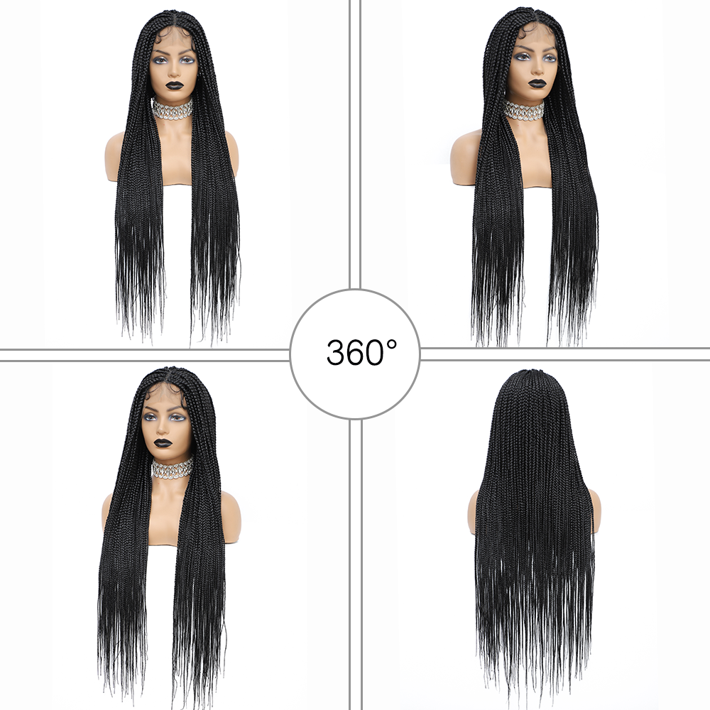 36" Braided Wigs Full Lace Hand-Made Knotless Box Braids Straight Synthetic Wigs with Baby Hair (36 Inch, 1B)