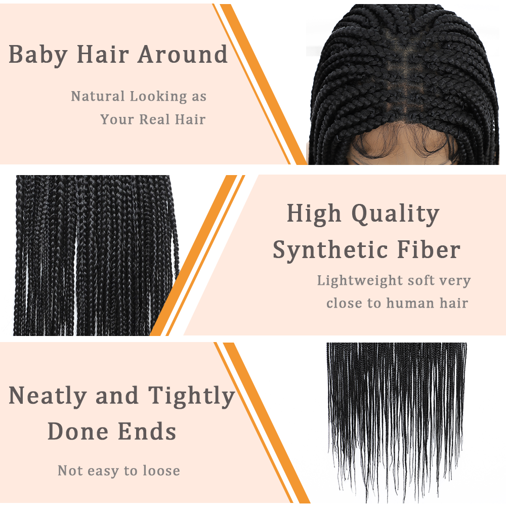 36" Braided Wigs Full Lace Hand-Made Knotless Box Braids Straight Synthetic Wigs with Baby Hair (36 Inch, 1B)