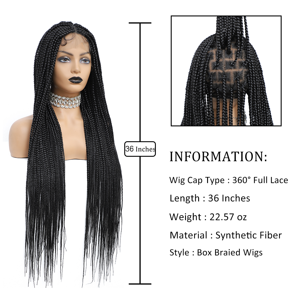 36" Braided Wigs Full Lace Hand-Made Knotless Box Braids Straight Synthetic Wigs with Baby Hair (36 Inch, 1B)