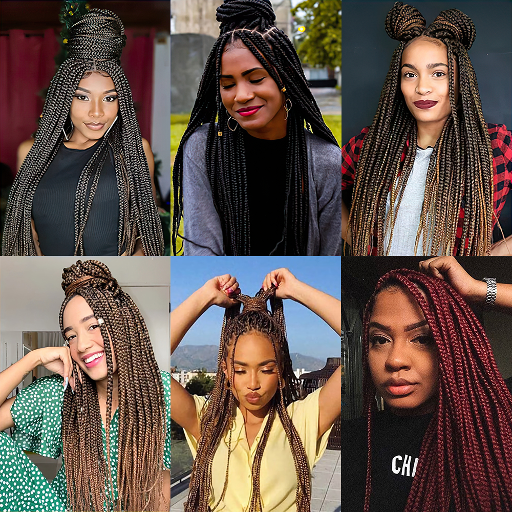 36" Braided Wigs Full Lace Hand-Made Knotless Box Braids Straight Synthetic Wigs with Baby Hair (36 Inch, 1B)